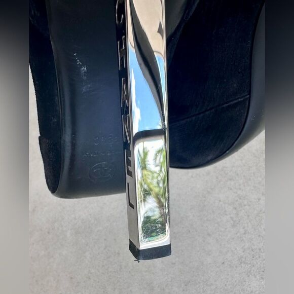 Chanel Logo Suede Lace Up Cap Toe Black Booties Metal Heel EU 38.5 C US 7.5-8 - Picture 5 of 10